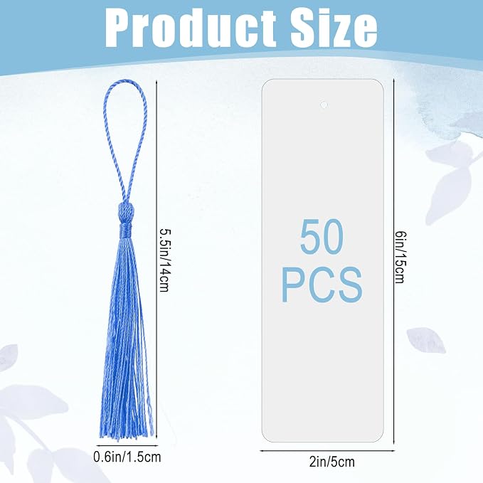 50 Pcs Sublimation Bookmark Blank Bulk DIY Bookmarks with Colorful Tassels, 2x6 Inch White Cardstock Blank Bookmarks for Custom Heat Transfer Crafts and Personalized Gifts