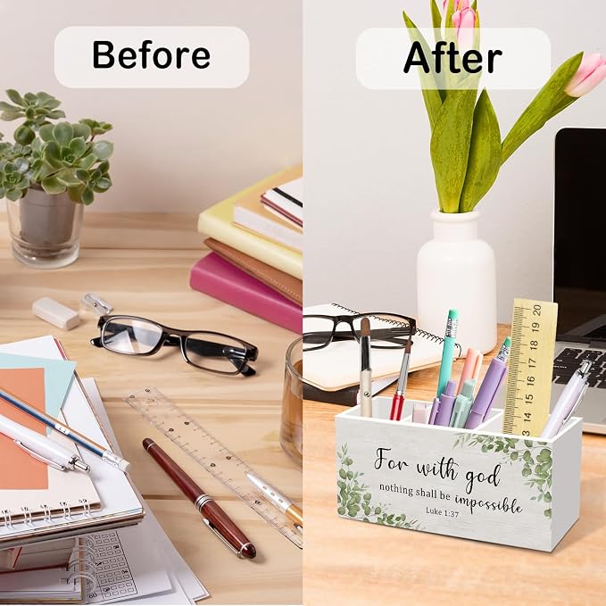 Luke 1:37 Pen Pencil Holder for Desk, For with God Nothing Shall Be Impossible Office Desk Accessories Decor, Sage Green Christian Motivational Pen Holders Organizer for Farmhouse Home