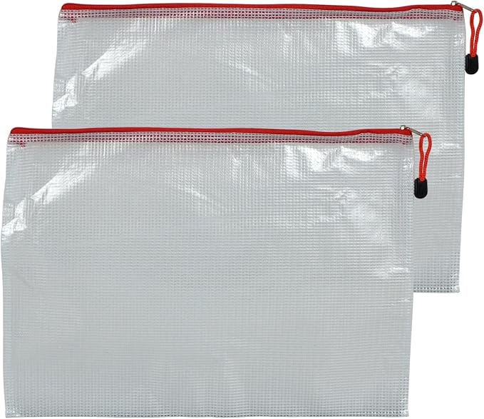 2 PCS Mesh Zipper Pouch Bags, Plastic Water-Resistant File Bags, for Office, School, Board Game, Puzzles, Travel Accessories, and Home Organization (Red, 15.1 x 10.8 in)