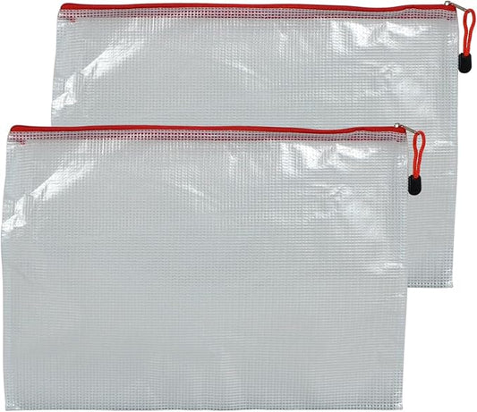2 PCS Mesh Zipper Pouch Bags, Plastic Water-Resistant File Bags, for Office, School, Board Game, Puzzles, Travel Accessories, and Home Organization (Red, 15.1 x 10.8 in)