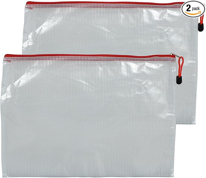 2 PCS Mesh Zipper Pouch Bags, Plastic Water-Resistant File Bags, for Office, School, Board Game, Puzzles, Travel Accessories, and Home Organization (Red, 15.1 x 10.8 in)
