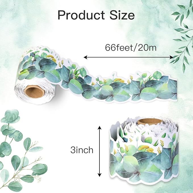 66ft Eucalyptus Bulletin Board Borders Summer Greenery Leaf Plant Theme Rolled Border Trim for School Classroom Blackboard Office Workplace Chalkboard Sage Green Themed Party Wall Decor