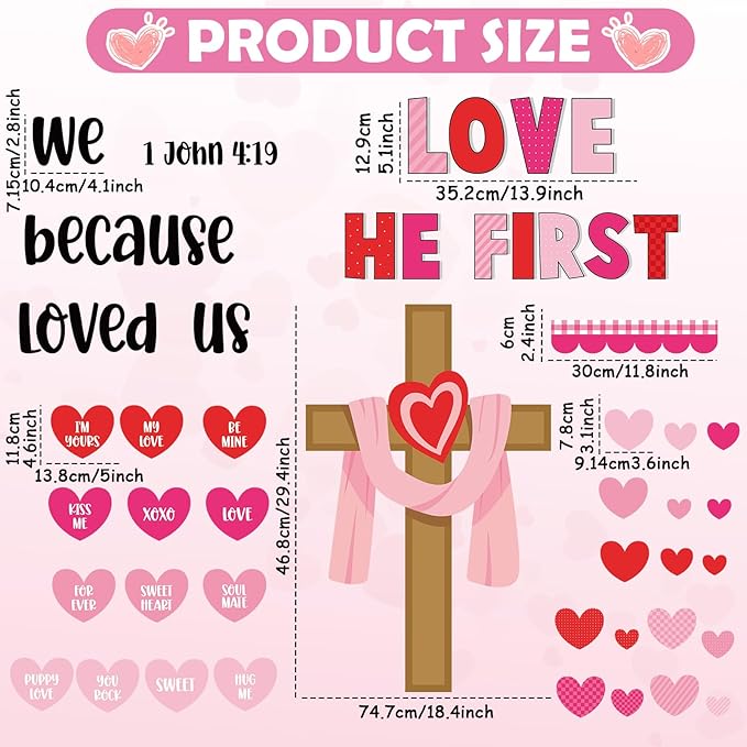 Valentine's Day Christian Jesus Bulletin Board Set Valentines Religious Bible Verse Bulletin Board Heart Cross Patterned Paper Cutouts for Church Sunday School Classroom Home Chalkboard Wall Decor