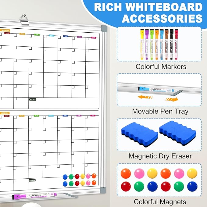 Dry Erase Board Calendar Whiteboard 60" x 40", 4 Month Large Magnetic Whiteboard for Wall Calendar Dry Erase Board Wall Mounted Board White Board Planner for Office Home and School