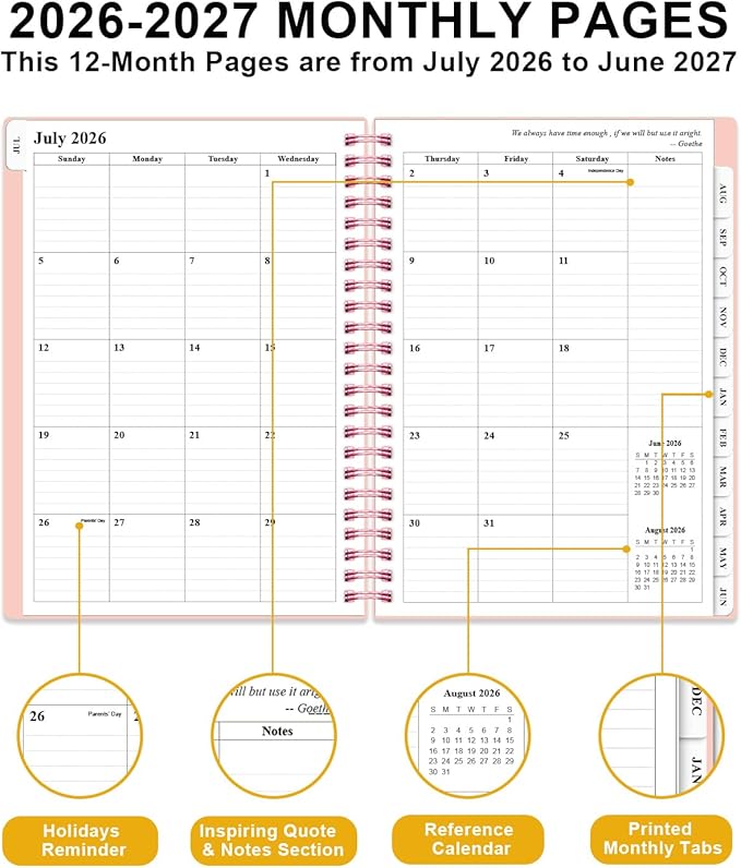 Planner 2026-2027 - Academic Planner from July 2026 to June 2027, Weekly & Monthly Planners Spiral Bound with 12-Month Tabs, Inner Pocket, 6.25" x 8.5", Pink