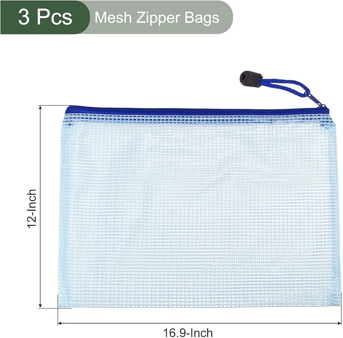 YOKIVE 3 Pack Mesh Zipper Bags, A3 Mesh File Pockets Plastic Document Pouch, Great for Office Appliances Travel Storage(Blue)