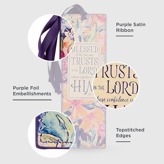 Christian Art Gifts Premium Vegan Faux Leather Scripture Bookmark for Women: Blessed Is The One - Jeremiah 17:7 Inspirational Bible Verse, Faith-Based Reading Book Accessory with Tassel, Purple Floral