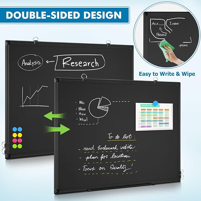 Magnetic Chalk Board, 36“x24” Black Chalkboard Double-Sided Dry Erase Board Magnetic Blackboard for Wall, Black Framed Small Chalk Board Home, School, Office, Kitchen