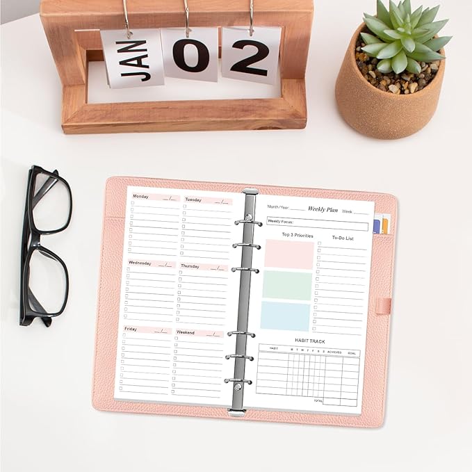 (2-Pack) A6 Weekly Planner Refills for Filofax Personal Binders, 106 Sheets/212 Pages Undated Colorful Weekly Planner, 6-Hole Punched, 100 gsm White Paper, Last 2 Year, 3.75" x 6.75"