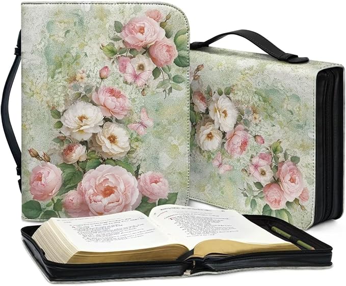 Pink Flower Print Bible Carrying Case for Girls Book Protector for Book Lovers Bible Study Supplies Accessories Christian Gifts for Women Large Quilted Bibles Case with Handle-XL