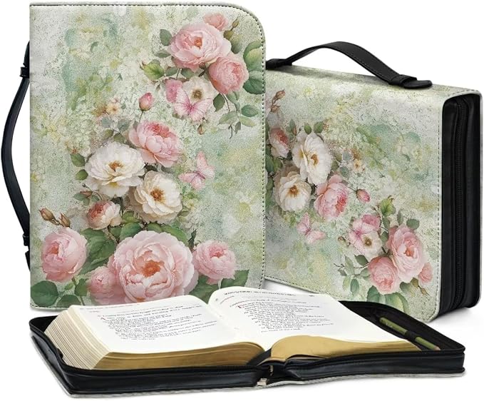 Pink Flower Print Bible Carrying Case for Girls Book Protector for Book Lovers Bible Study Supplies Accessories Christian Gifts for Women Large Quilted Bibles Case with Handle-L