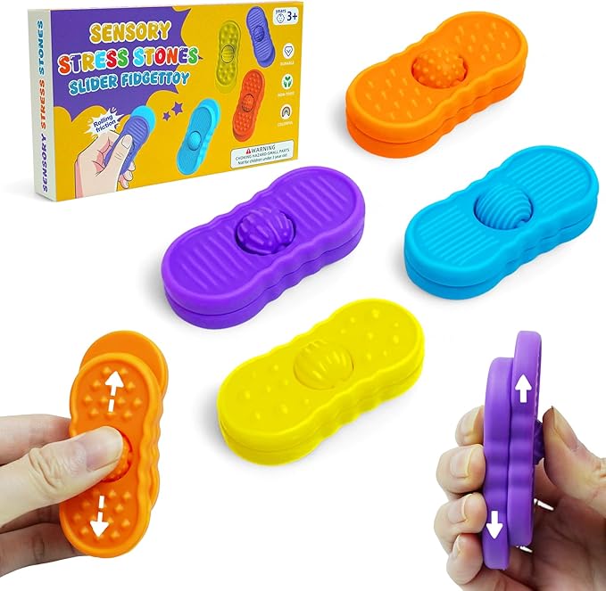 Fidget Sensory Toys for Kids Adults - 4 Pack Silicone Worry Stones Slider for Autism, Anxiety & ADHD, Calming Tools for Adults Office Desk / Travel Classroom Must Haves, Gifts