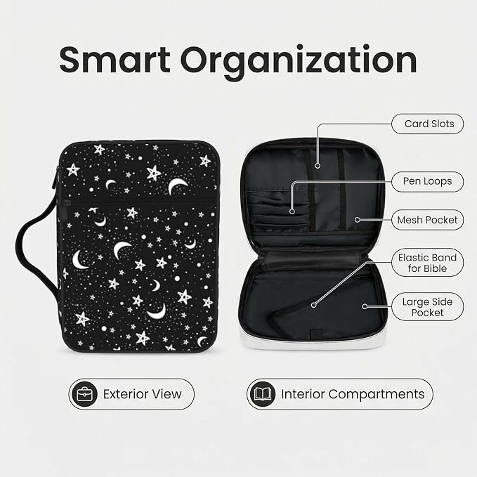 Black and White Moon Star Bible Cover Case Carrying Book Protector Case Bible Study Supplies Accessories Holder Case Christian Gift for Women Men