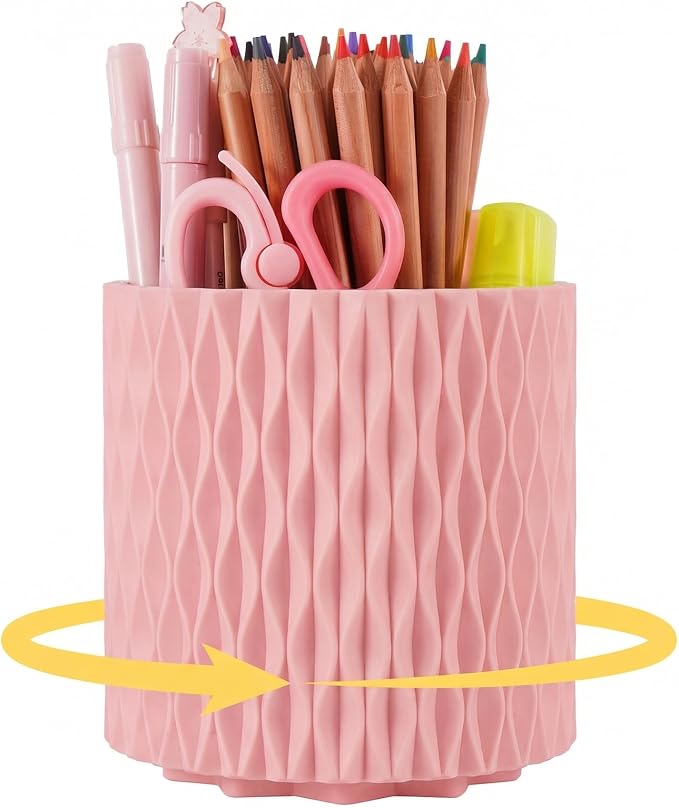 Pink Pen Holder for Desk, 360° Rotating Pencil Holder with 5 Slots - Spinning Desk Organizer & Pencil Cup for Art Supply, Office Pen Organizer for Home, School, Desk Accessories