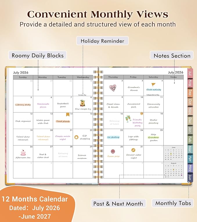 Academic Planner 2026-2027, Hardcover Weekly and Monthly Calendar Planner from July 2026 - June 2027, 6.1" x 8.2" A5 Daily Agenda with Tabs, College School Organizer for Student Teacher, Vibrant Watercolor