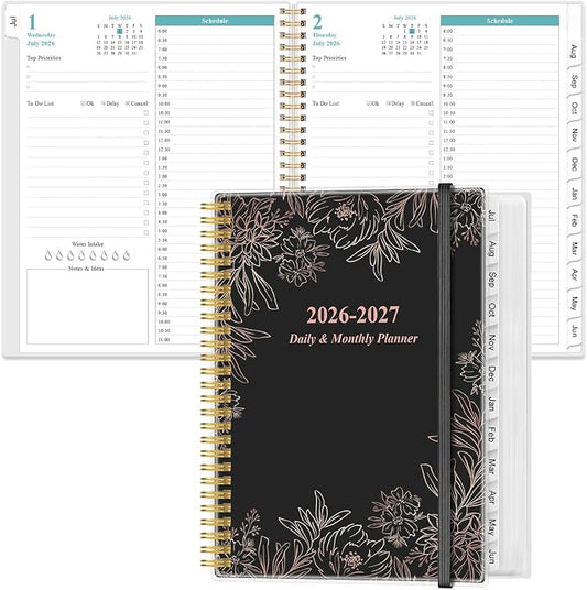 Daily Planner 2026-2027 Full Page Per Day- 2026-2027 Daily & Monthly Planner from July 2026 to June 2027, Day Planner 2026-27 with 12 Months Tabs, 8.5" x 11", Black Flowers
