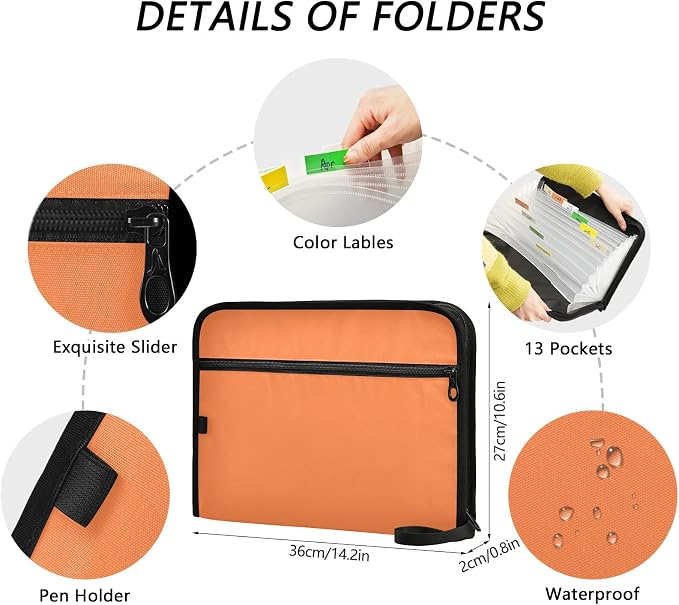 Orange Expanding Accordion File Folder with 13 Pockets and Zipper Closure