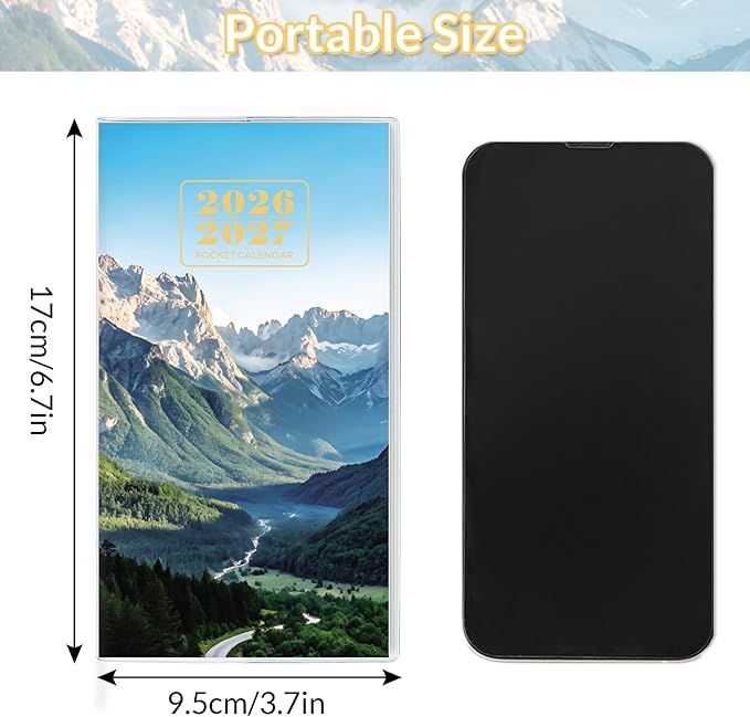 Pocket Calendar 2026-2027, Purse Planner, 3.7" x 6.7", Runs from January 2026 Until December 2027, Pocket Monthly Calendar with Mountain PVC Cover for Office