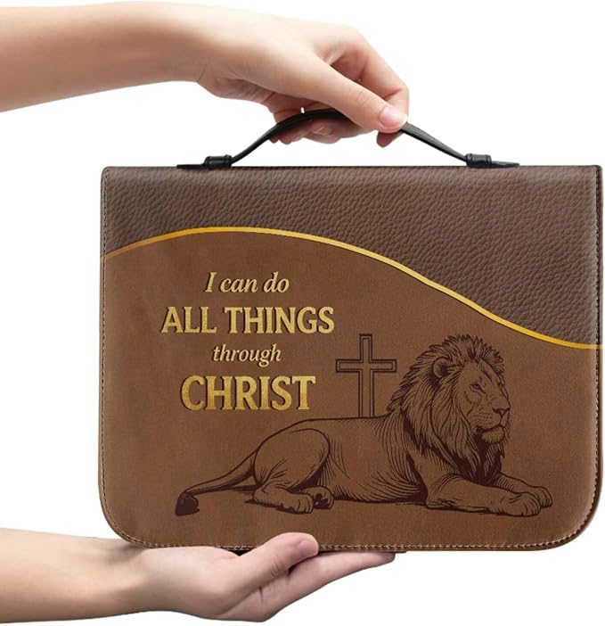 Vintage Style Cross Bible Case with Bookmark Waterproof Bible Cover Case for Women Lightweight Bible Bag with Handle Pockets Church Book Bag Brown