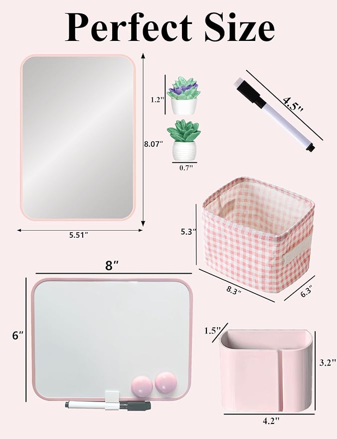 Pink Locker Accessories Kit for Girls with Locker Mirror, Pen Holder, Magnetic Whiteboard, Storage Basket, Magnets, 14 Piece Locker Organizer & Decor for School Work Locker, Back to School Essentials