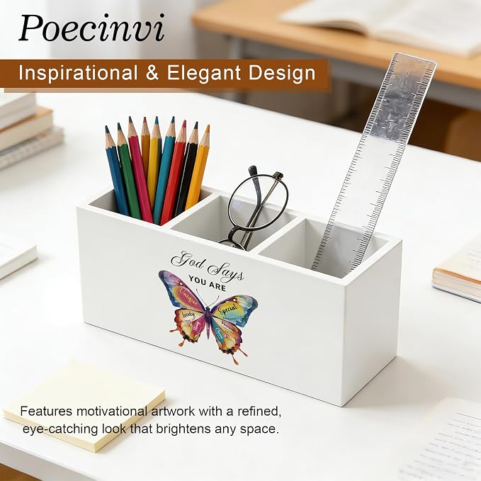 God Says You Are Butterfly Christian Pen Holder for Home Office Desk, Christian Gifts for Women, Butterfly Inspirational Bible Verse Wooden Box Sign Pencil Holder for Desk Shelf Organizer