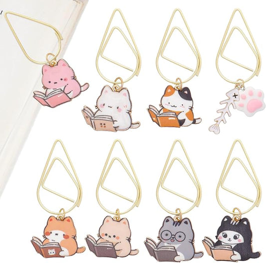 Cute Cat Bookmarks Gifts - 8 PCs Funny Metal Paperclip Book Mark Reading Women Cat Lovers Aesthetic Page Marker for Kids Bookish Birthday Student Teacher School Office Accessories Supplies