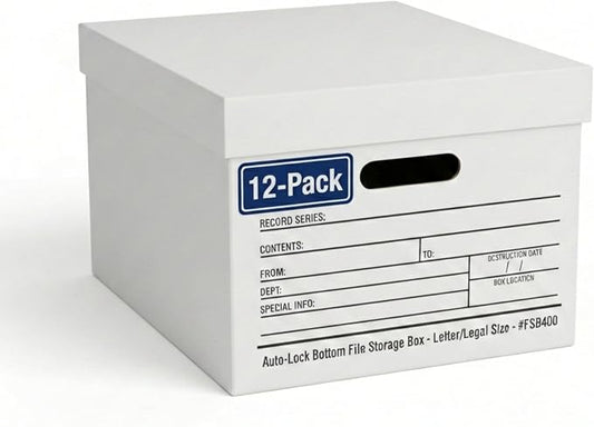 BOX USA Boxes with Lids and Handles (12-Pack) - File Storage Boxes for Office Supplies, Book Storage, Moving, and Packaging