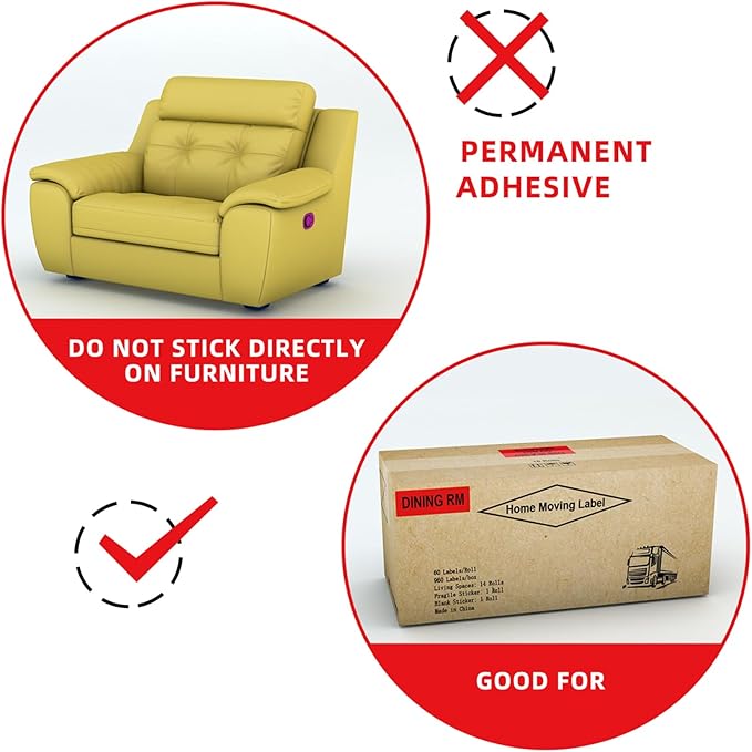Misofuki 16 Rolls 960 Pcs 1"x4.5" Color Coded Moving Labels Stickers for Boxes with 4 Bedroom Labels - Can Stick on Furniture Directly, NOT Recommended for Rough Surfaces, Such as Carton