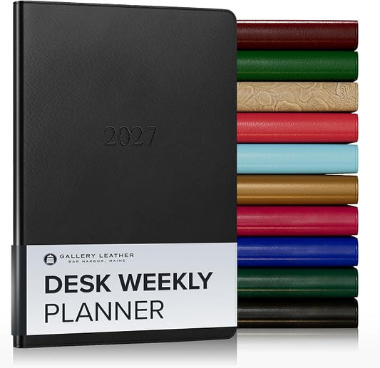 Gallery Leather Desk Weekly Monthly Planner 2027, Elegantly Bound Calendar Planner and Notebook with Stylish Gold-Gilded Page Edges, 12 Months - Freeport Black - 8x5.5"