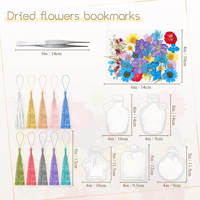 TaoBary 161 Pcs DIY Transparent Dried Flower Bookmark Set Include Clear Bookmarks Dried Flowers Colorful Tassels and Tweezer Handmade Dried Floral Bookmark for Reader Book Bottle(Cute)