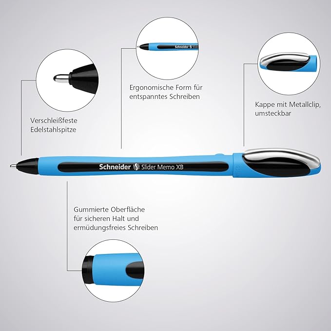 Schneider Slider Memo XB (Extra Broad) Ballpoint Pen, 1.4 mm, Light Blue Barrel, Black Ink, Blister Pack of 4 Pen (75023)