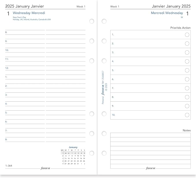 Filofax Calendar Diary Refill, Personal/Compact Size, Day on Two Pages with Appointments, White Paper, Bilingual, 2025 (C68417-25)