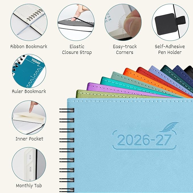 BEZEND Weekly Planner 2026-2027 (8.5" x 11") with Hourly Timeslots (Jul 26-Dec 27) 18 Months Academic Calendar & Monthly Tabs, for Students, Work & Home, Spiral PU Leather Softcover -Blueberry