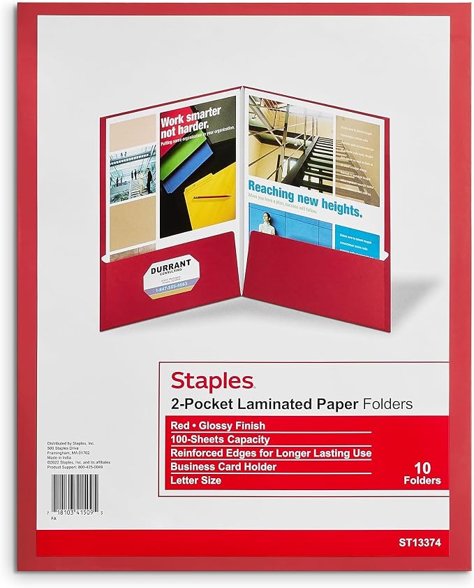Staples 2-Pocket Laminated Presentation Folders, Red – Durable School & Office Folders, 10-Pack