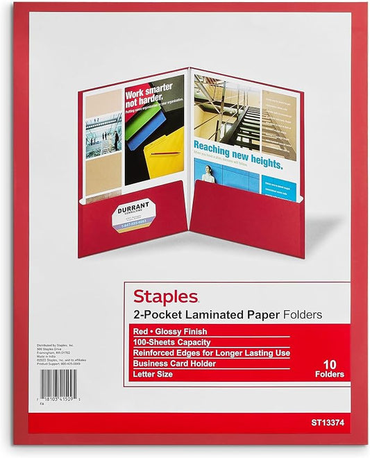 Staples 2-Pocket Laminated Presentation Folders, Red – Durable School & Office Folders, 10-Pack