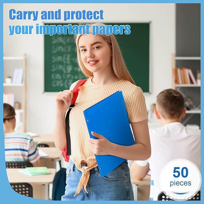 Yeaqee 50 Pcs Plastic Folders with Pockets Bulk 3 Hole Punched 2 Pocket File Folders for 3 Ring Binder Divider Folder for Notebooks, Durable Poly for Office Home (Blue)