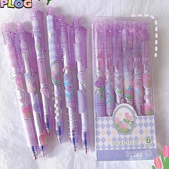 MOZXIRZ 6 Pcs Erasable Gel Pens Retractable Pens Cute Tulip Flower Pen 0.5mm Fine Point Black Ink Writing Pen Office School Pens Women Girls (Black Ink-Tulip)