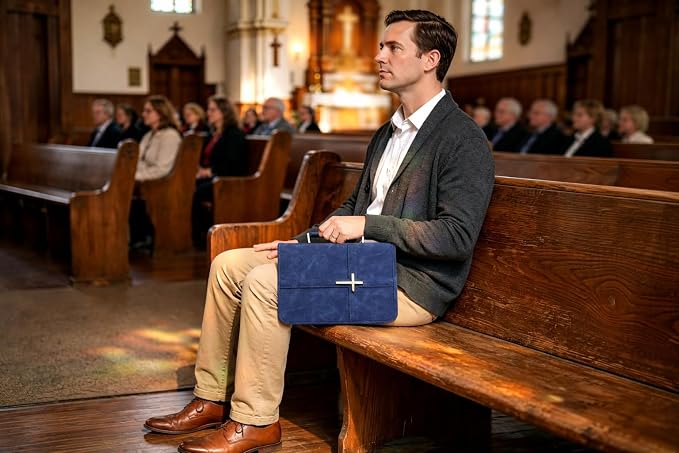 Vegan Leather Bible Cover for Men & Women, Bible Case with Gift Box, Christian Catholic Religious Bible Gifts (Indigo)