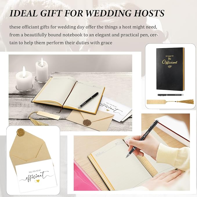 Watersay 5 Pcs Wedding Officiant Gift Set Include Hardcover Proposal Officiant Notebook Black Ink Pen Thank You Gift Card with Envelope and Sticker Copper Bookmark for Wedding Ceremony Officiant