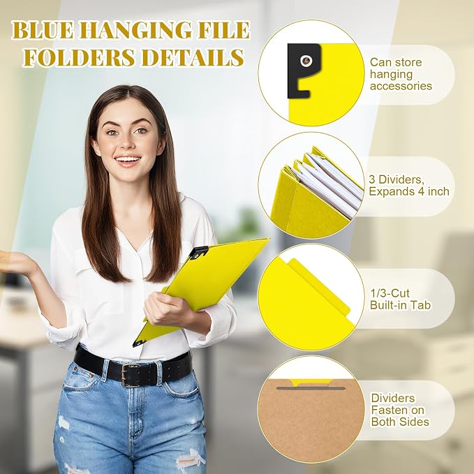 Henoyso 10 Pcs Hanging Classification File Folders, Letter Size Yellow Folders with 3 Pressboard Dividers, 8 Fasteners, 4 Inch Expansion, 1/3-cut Top Tab for Medical Records and File Cabinet Organizer
