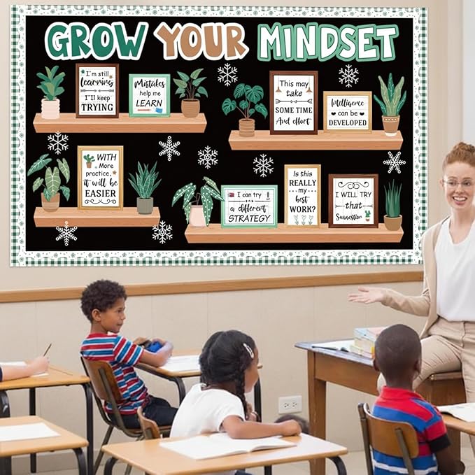 Pasimy Winter Growth Mindset Bulletin Board Plant Motivational Classroom Decorations January Bulletin Board Set Inspirational Bookshelf Greenery Cutouts for Holiday Office Library Wall Door Supplies
