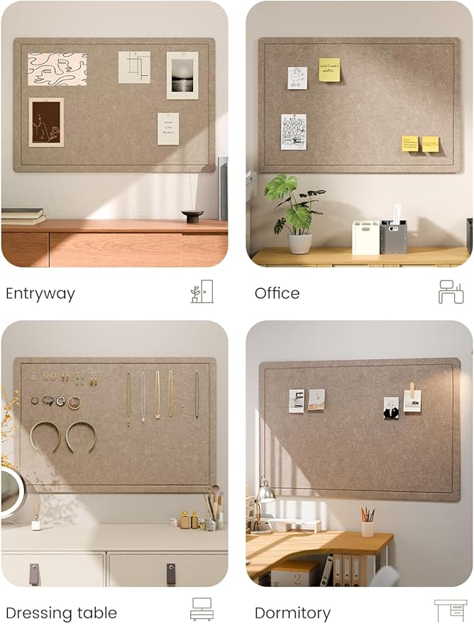 Fluxynara Bulletin Board,35.4" x 23.6" Cork Board Alternative with 12 Safe Removable Adhesive Tabs, Foldable Felt Pin Board for Home Office, Classroom, Bedroom,Entryway for Walls—Taupe