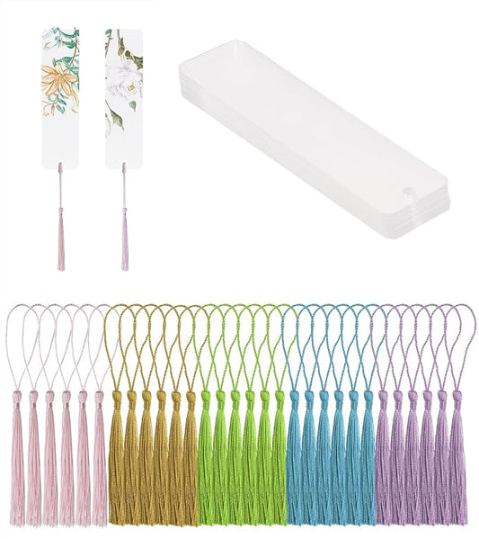 Clear Acrylic Bookmarks Penta Angel 15Pcs Rectangle Plastic Craft Transparent Blank Acrylic Book Markers with 15Pcs Small Bookmark Tassels for DIY Projects and Graduation Gift Tag (30)