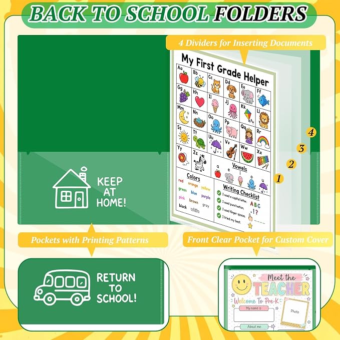 12 Pcs Take Home Folders for Elementary Students,Back to School 2 Pocket Folders with Clear Front Pocket 4 Inner Pockets,Plastic Parent Teacher Communication Folder 11.81 x 9.45 Inch (Green)