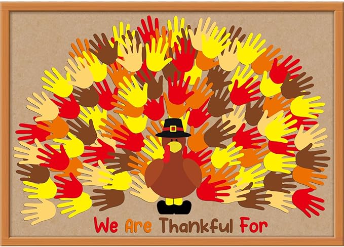 Zhanmai 118 Pcs Thanksgiving Turkey Bulletin Board Set Thankful Handprint Turkey Bulletin Board Decor Handprint Turkey Cutouts Turkey Craft for Classroom Fall Thanksgiving Wall Decor