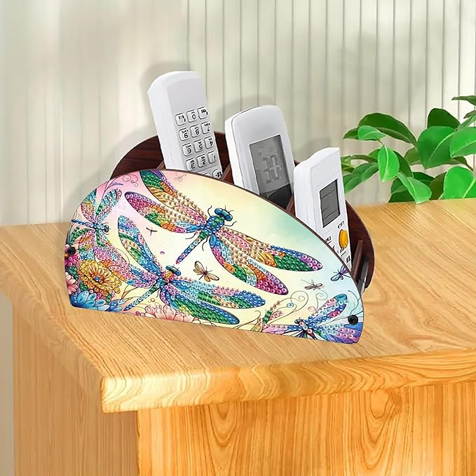 Remote Control Holder with 4 Compartments, DIY Diamond Art Painting Wooden Half Moon TV Control Holder for Remote Controllers, Office Supplies, Makeup Brush, Media Accessories-Dragonfly