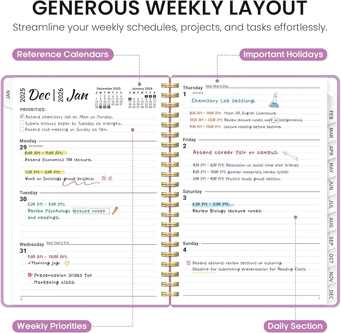 2026 Planner, Weekly and Monthly Calender Planner, Jan 2026 to Dec 2026, Hardcover 2026 Calendar Book with Tabs & Inner Pocket, Office Home School Supplies for Women & Men - A4 (8.5" x 11"), Boho Purple