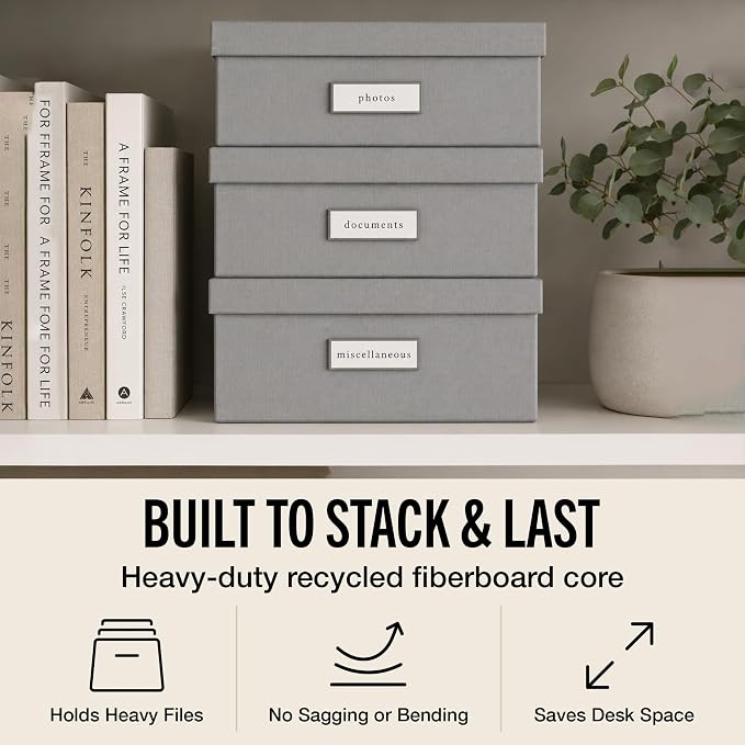 Bigso Box of Sweden Oskar Fiberboard Label Frame Document Letter Box | File Organizer for Important Paperwork with a Lid & Label Window | 3.3"x10.2"x13.8" | 3 Pack | Grey