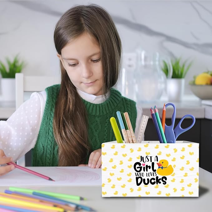 Yellow Duck Pen Holder for Desk, Gifts for Duck Lovers Pencil Organizer, Just a Girl Who Loves Ducks Wooden Box Sign Desk Decor for Home Office Decoration