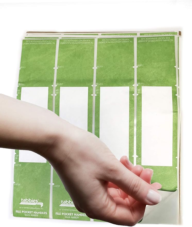 Tabbies File Pocket Handles, 9.63 x 2, Green/White, 4/Sheet, 12 Sheets/Pack